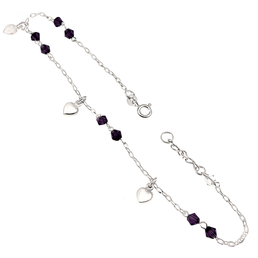 Dangle Heart Amethyst Crystal Sterling Silver Anklet