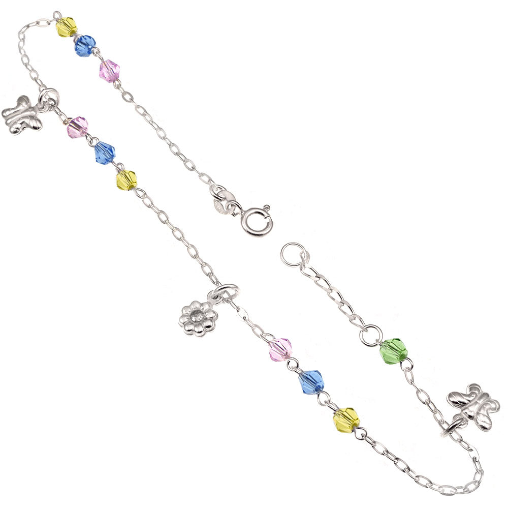 Multi Color Crystal W Flower Butterfly Sterling Silver Anklet