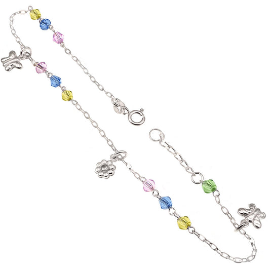 Multi Color Crystal W Flower Butterfly Sterling Silver Anklet