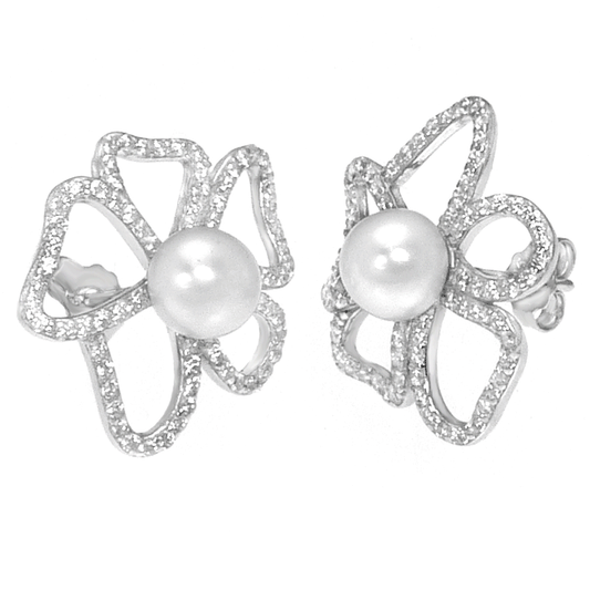 Freshwater Pearl CZ Flower Earrings