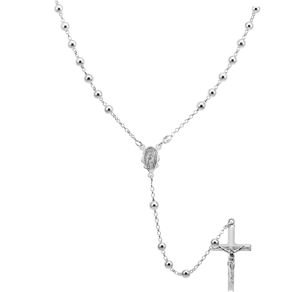 5mm Plain Bead Rosary W Lady of Guadalupe Sterling Silver Necklace