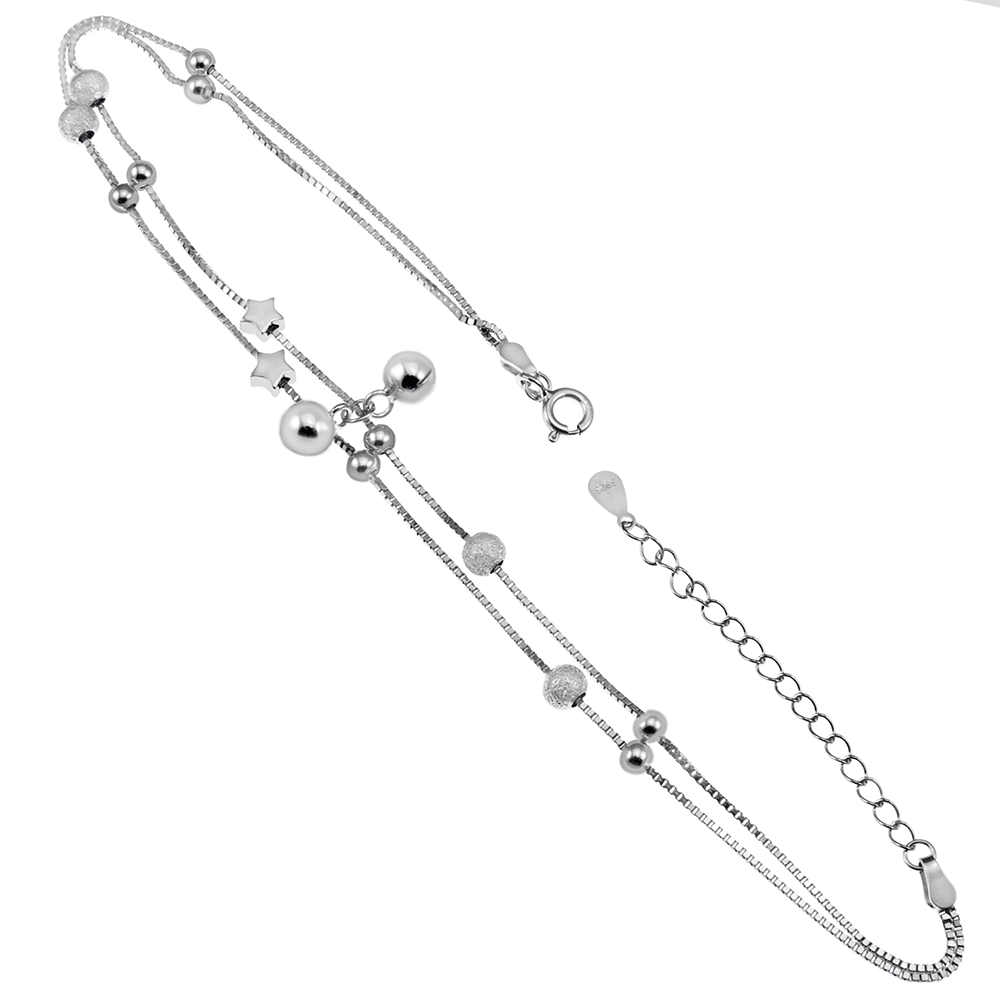 Sterling Silver Double Link W Star Satin Finish Ball Rhodium Anklet