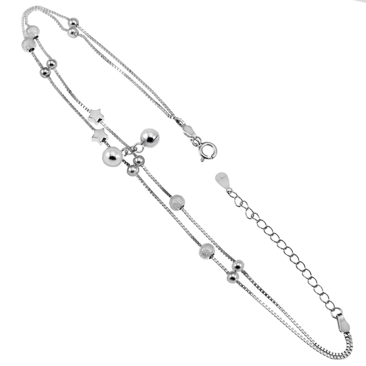 Sterling Silver Double Link W Star Satin Finish Ball Rhodium Anklet