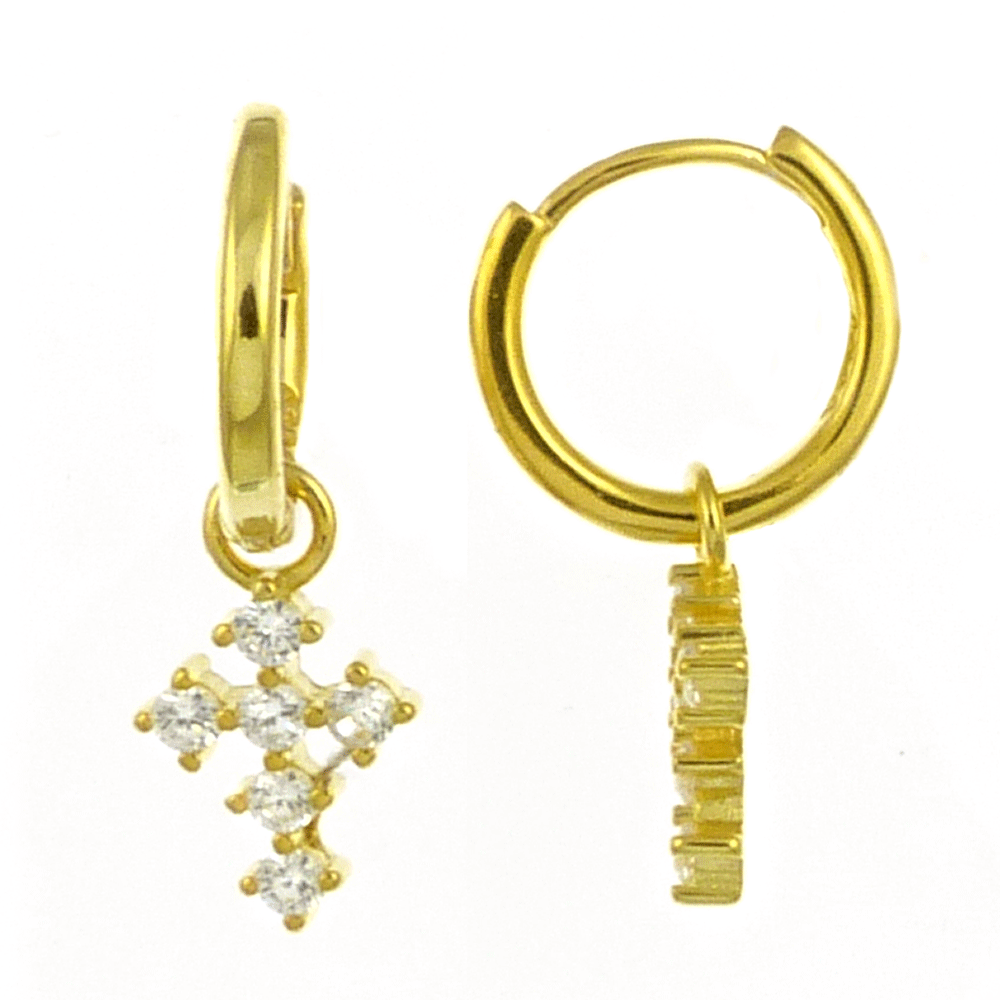 Dangle CZ Cross with Huggie Hoop Gold Plated Earrings