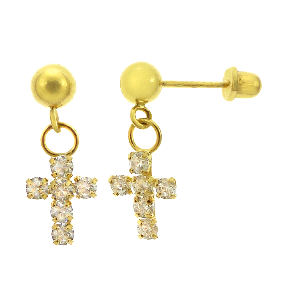 14K Gold Dangle CZ Cross 4mm Ball with Screw Back Earrings