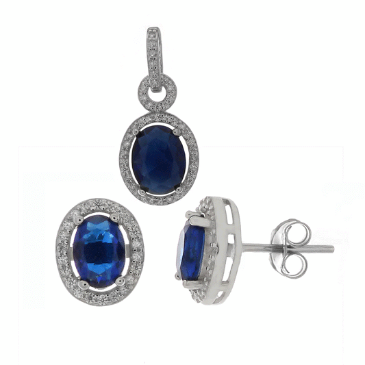 Oval Simulated Tanzanite Halo Sterling Silver Earrings Pendant Set