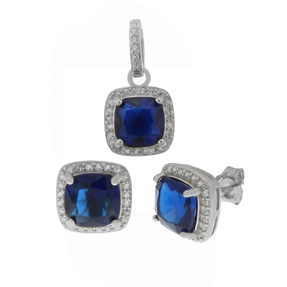 Square Simulated Sapphire Earrings & Pendant Set