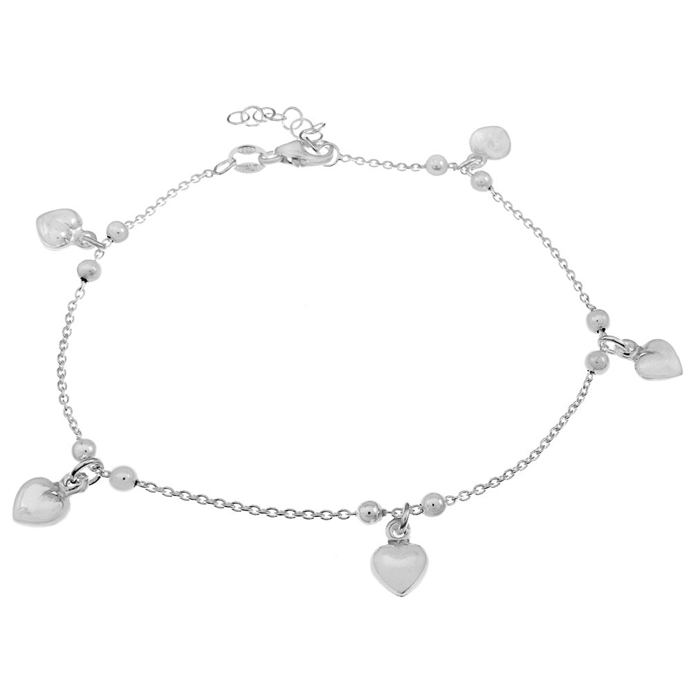 puffy dangle heart charms sterling silver bracelet