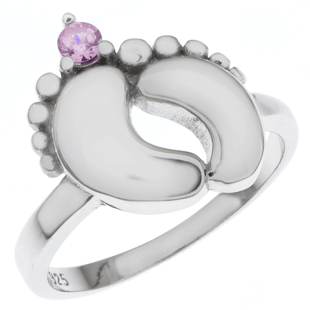 Sterling Silver Baby Feet W Pink CZ Ring