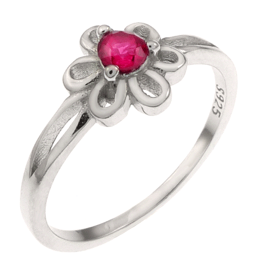 Flower W Ruby Red CZ Baby Ring