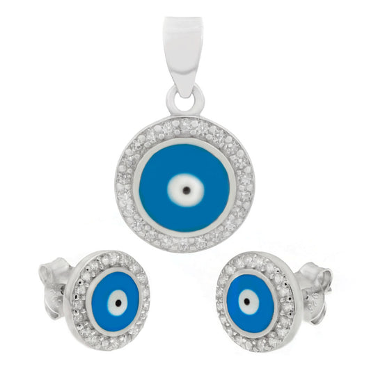 Light Blue Evil Eye Earrings Pendant Set