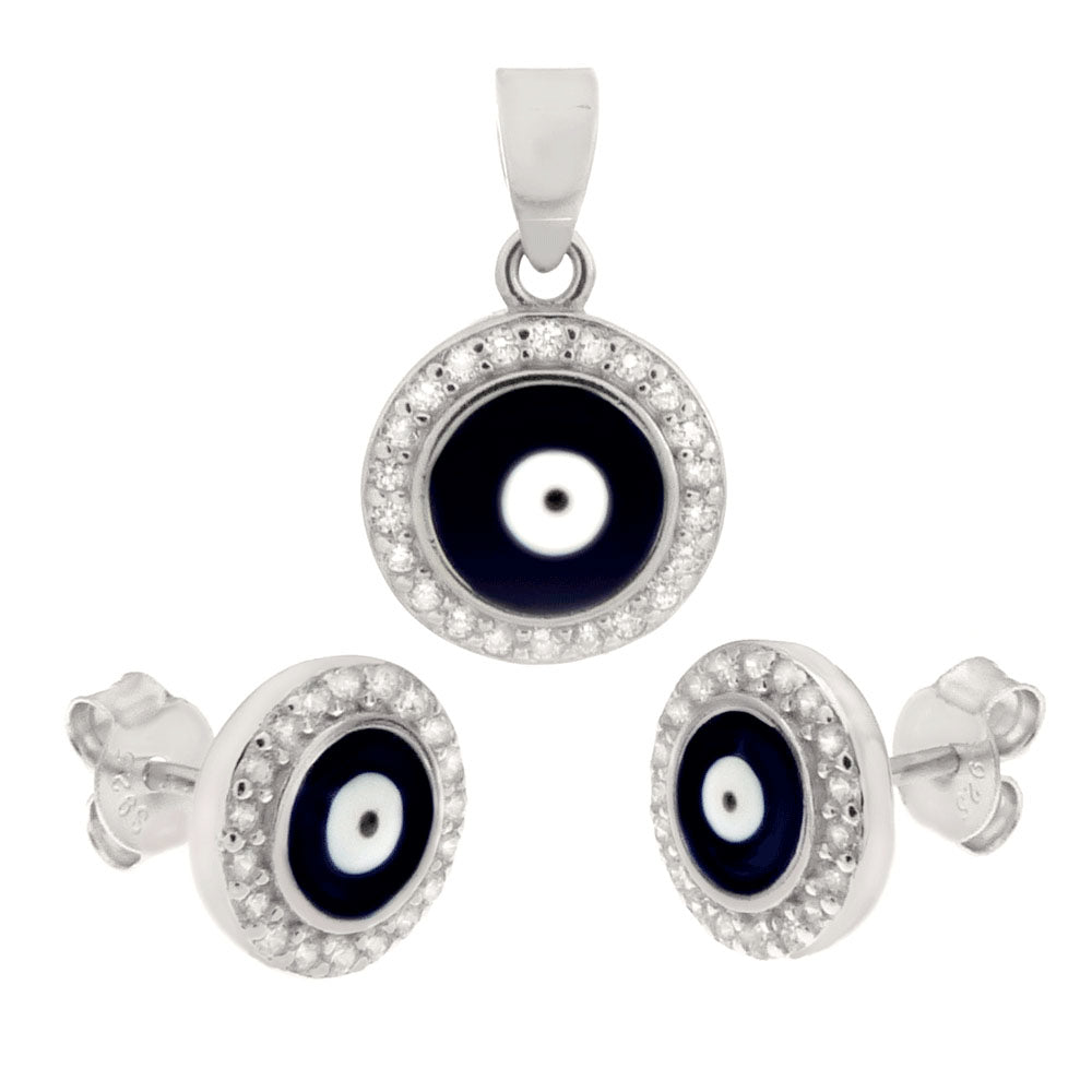 Black Evil Eye with Halo Earrings & Pendant Set