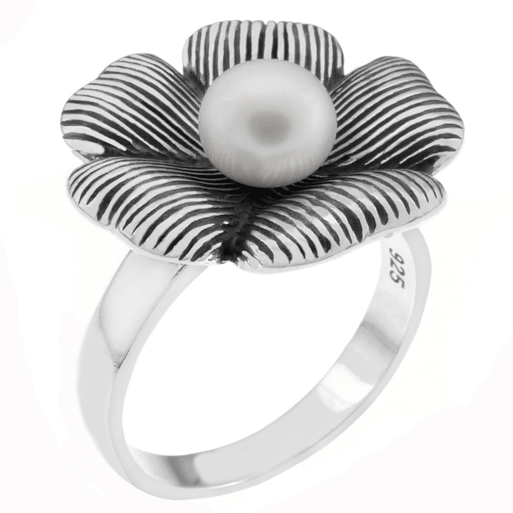 Blooming Flower and Pearl Bud Oxidized Ring