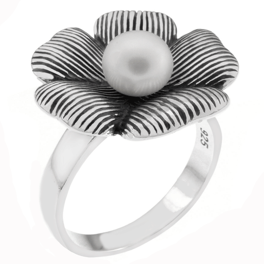 Blooming Flower and Pearl Bud Oxidized Ring