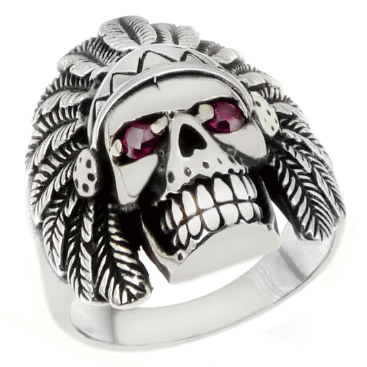 Skull with Indian Headdress Sterling Silver Oxidized Ring