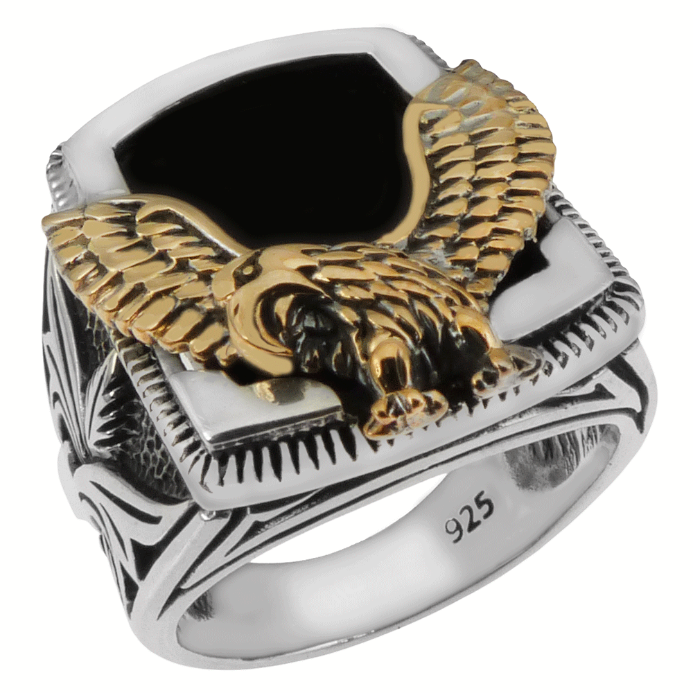 Eagle W Black Onyx Oxidized Ring