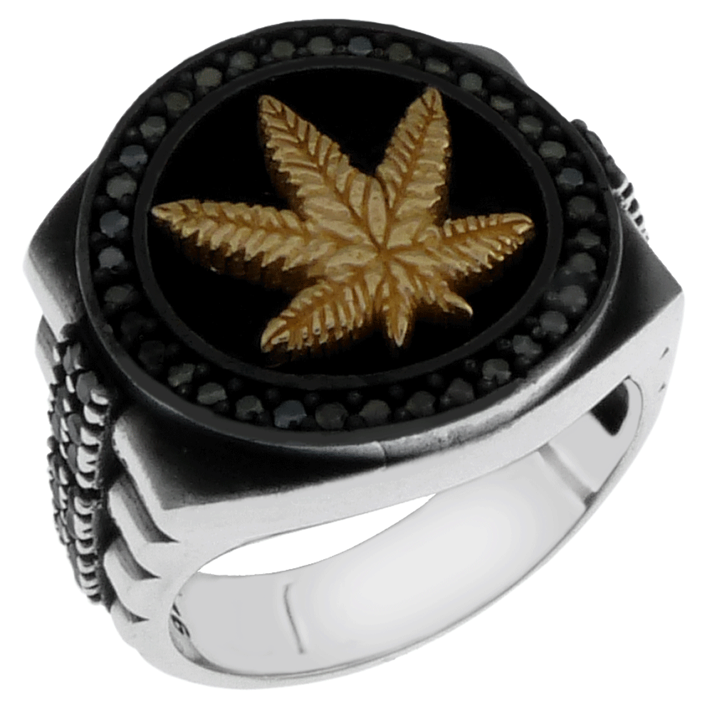 Cannabis Weed Marijuana Leaf with Marcasite Oxidized Ring