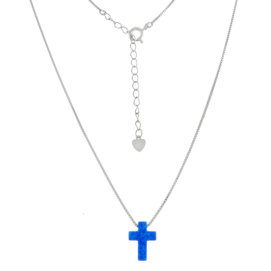 1mm Rhodium Box Chain W Lab Created Opal Cross Pendant Necklace