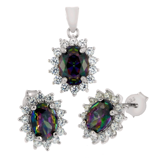 Mystic Topaz Halo Earrings & Pendant Set