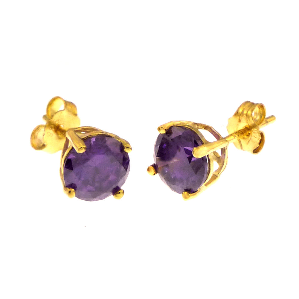 6MM Round CZ Amethyst Basket Gold Plated Stud Earrings