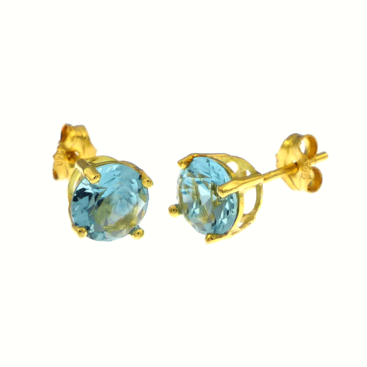 6MM Round CZ Aquamarine Basket Gold Plated Stud Earrings