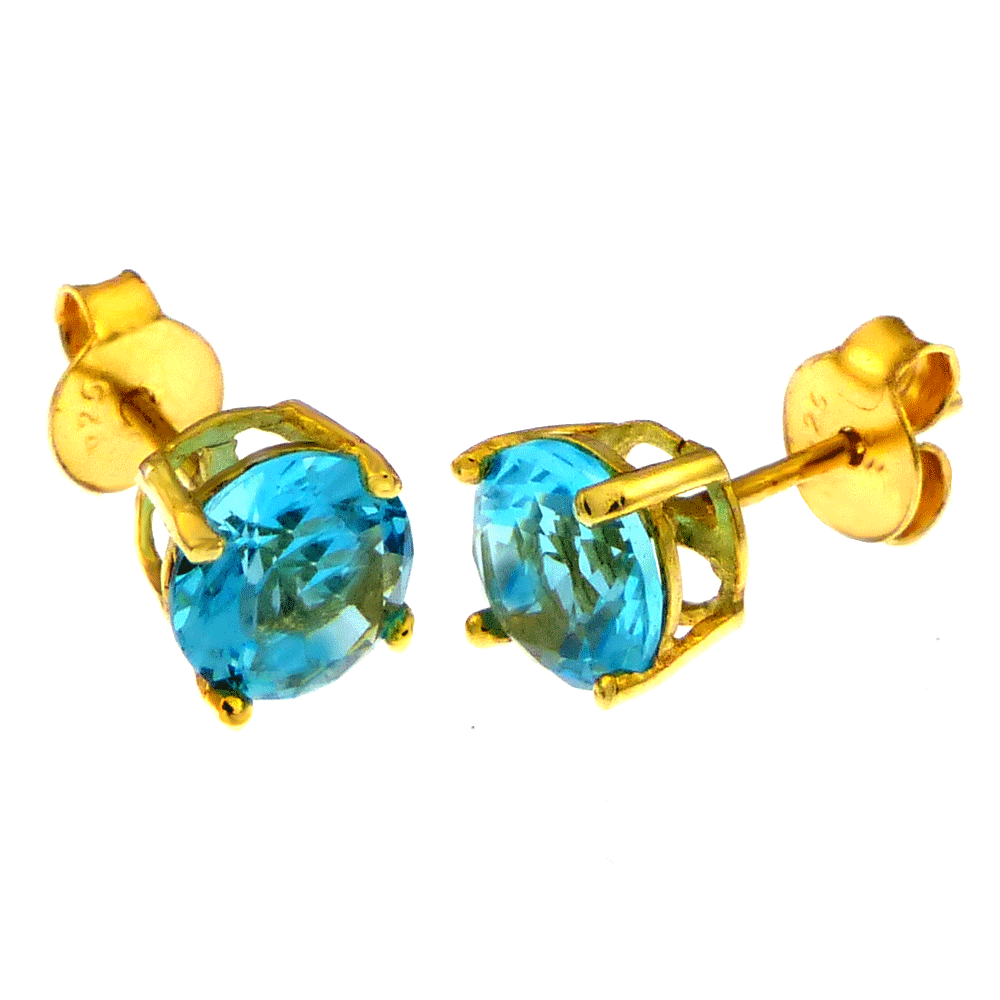 6MM Round CZ Blue Topaz Basket Gold Plated Stud Earrings