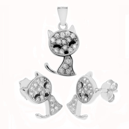 Cubic Zirconia Cat Earrings Pendant Set