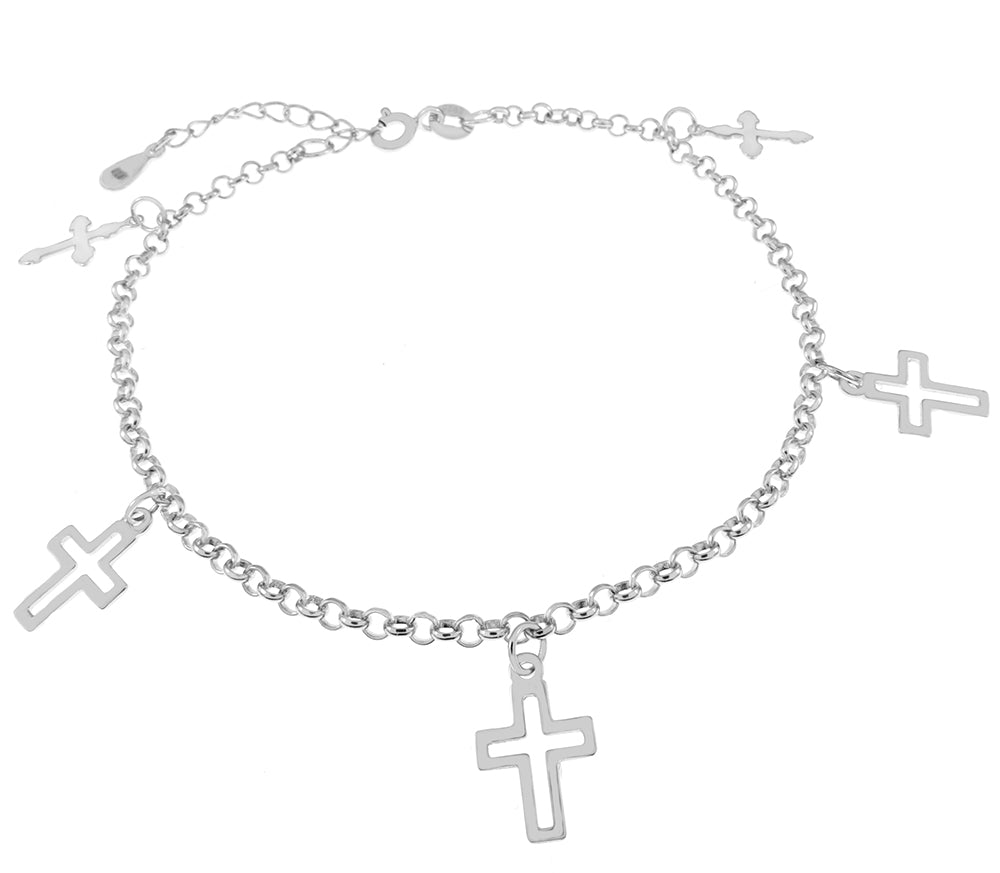 Sterling Silver Rhodium Cross Charm Bracelet