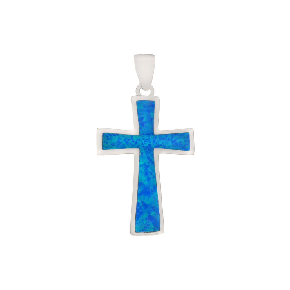 Lab Blue Opal Sterling Silver Cross Pendant