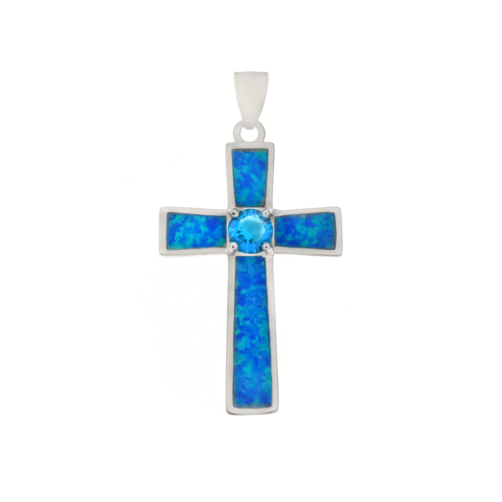 Lab Opal Blue Zircon Sterling Silver Cross Pendant