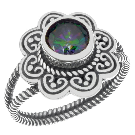 7mm Round Mystic Topaz Sterling Silver Oxidize Ring