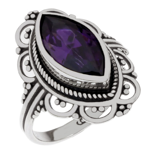 8 15mm Marquise Cut Amethyst Sterling Silver Oxidize Ring