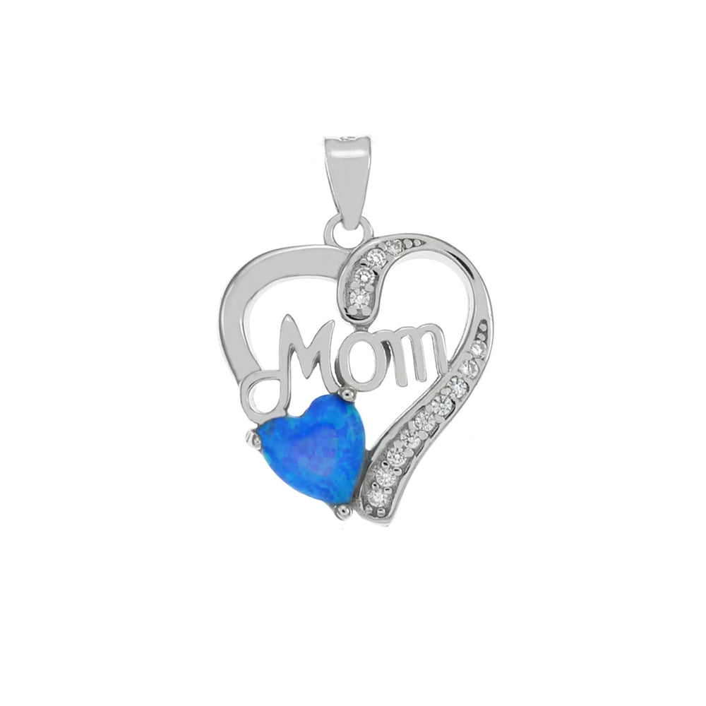 Cubic Zirconia and Lab Blue Opal Heart Mom Pendant