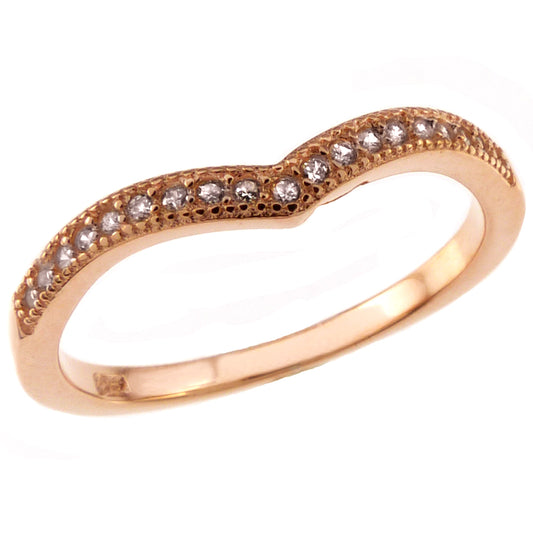 V Shape Pave CZ Sterling Silver Rose Plated Band Ring