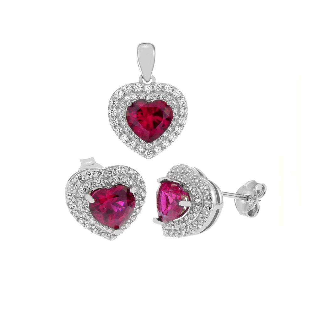 8mm Lab Created Ruby Heart Halo Earrings Pendant Set