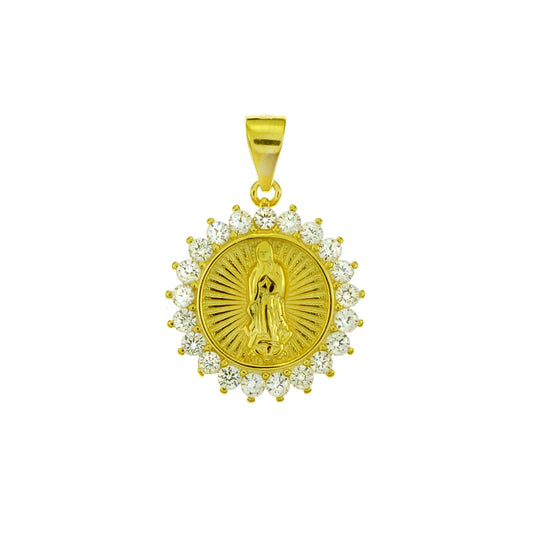 Lady of Guadalupe W Cubic Zirconia Gold Plated Sterling Silver Pendant