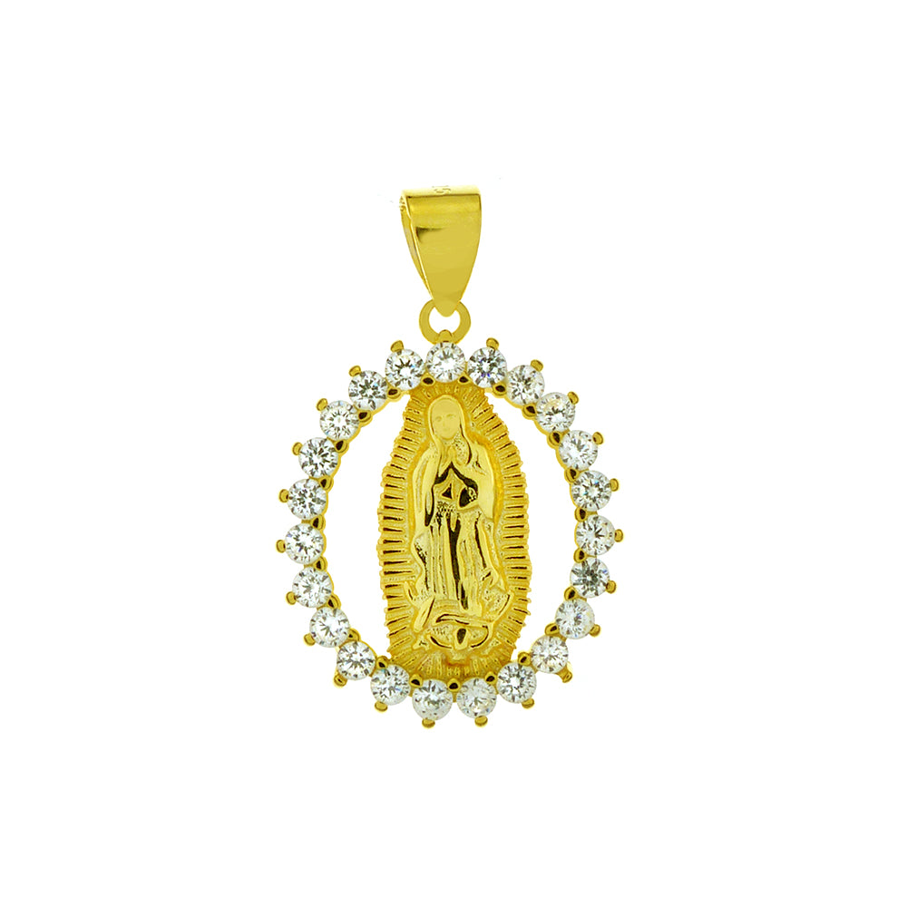 Lady of Guadalupe W Cubic Zirconia Gold Plated Sterling Silver Pendant