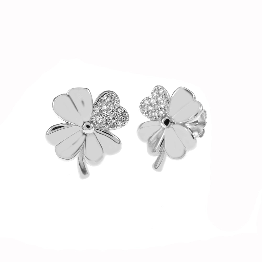 Four Leaf Clover Rhodium Stud Earrings