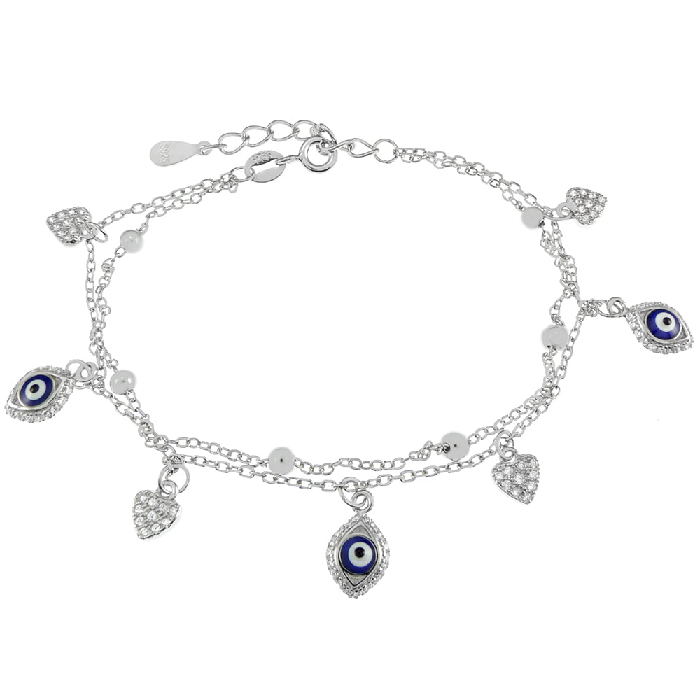 Double Chain Charm Bracelet - Heart & Evil Eyes