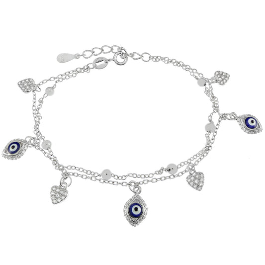 Double Chain Charm Bracelet - Heart & Evil Eyes