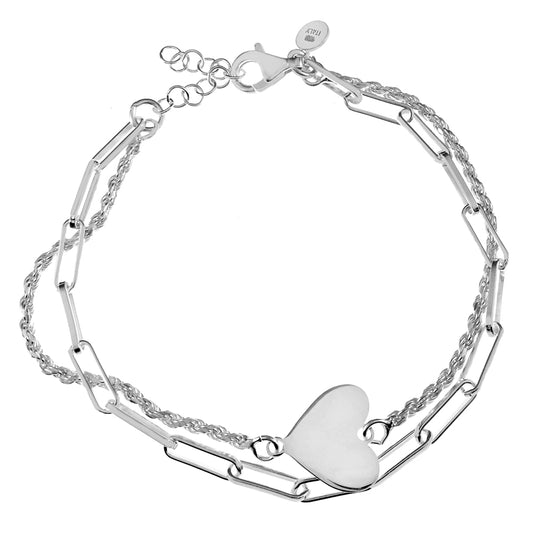 stacked double links sterling silver bracelet - heart charm