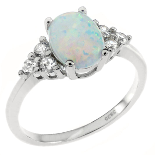 6 8mm Oval Lab Created White Opal Sterling Silver CZ Ring