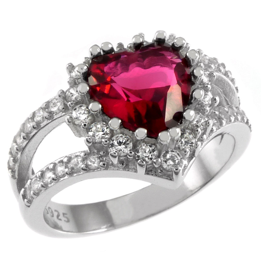 Sterling Silver Ruby Heart Halo CZ Ring