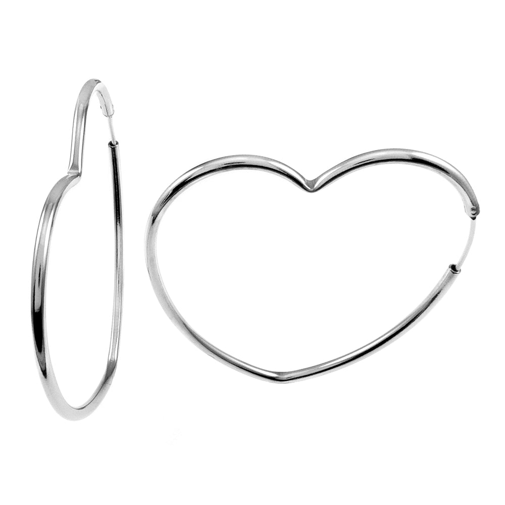 925 Sterling Silver Heart Shape Rhodium Hoop Earrings