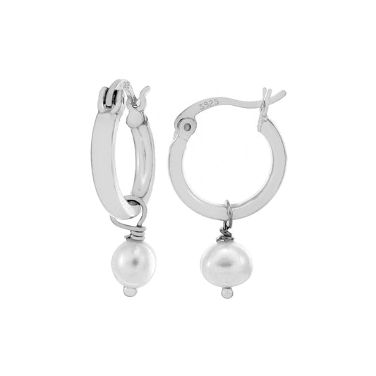 6mm Fresh Water Pearl Sterling Silver Rhodium Hoop Earrings