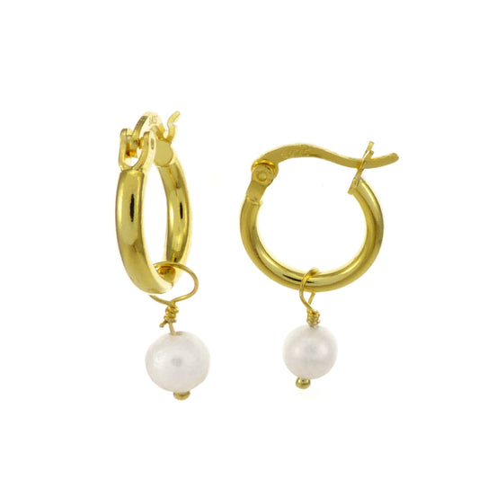 Gold Plated Hoop Earrings with Pearl Drop Charm