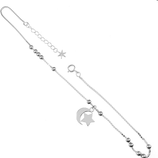 Adjustable Box Chain Anklet - Beads, Star & Moon