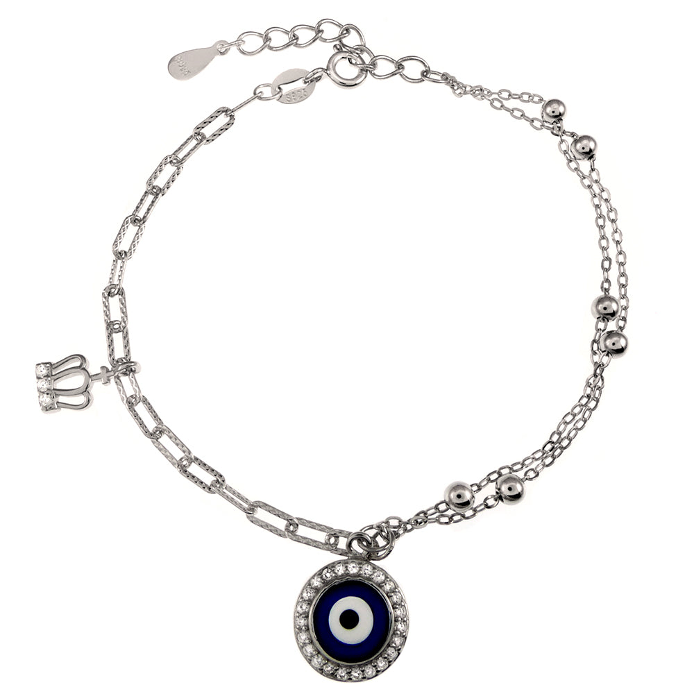 wholesale sterling silver bracelet - crown and evil eye charms
