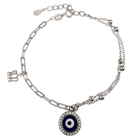 wholesale sterling silver bracelet - crown and evil eye charms