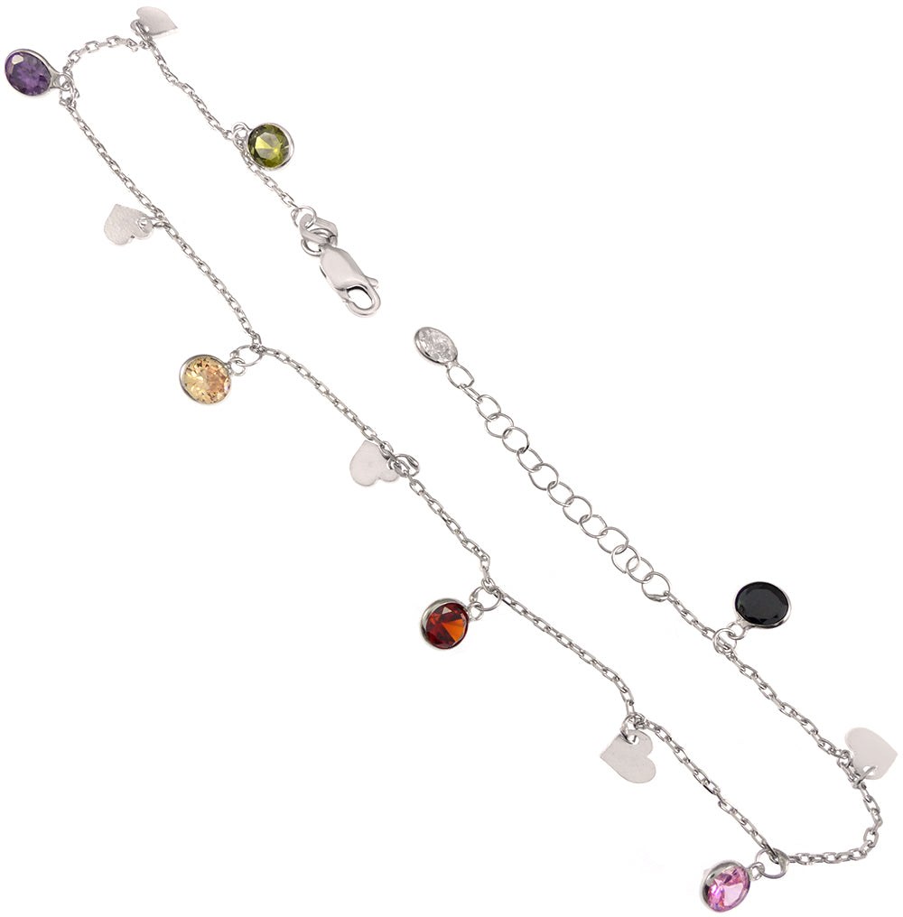 6mm Multi Color CZ Bezel Set Heart Sterling Silver Rhodium Anklet